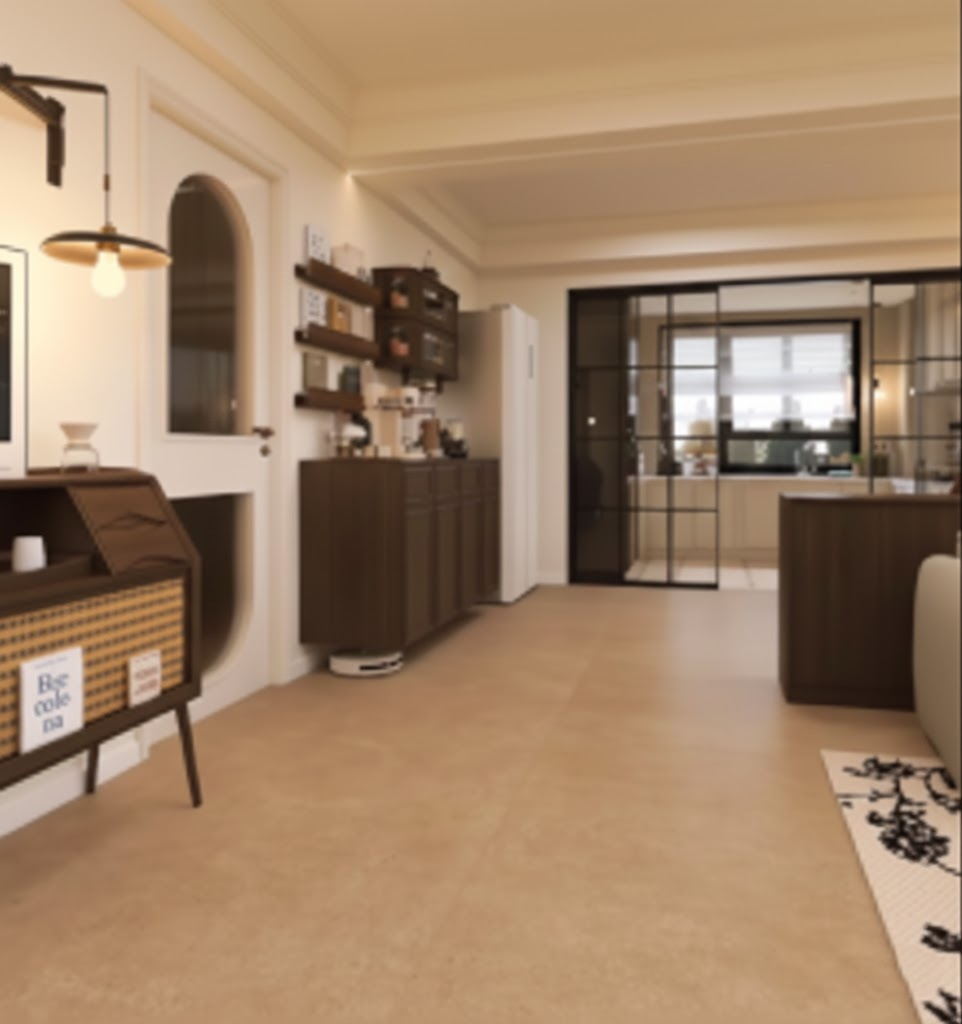 Modern-luxury living room with beige travertine tile flooring, arched architectural details, and built-in wooden storage.png