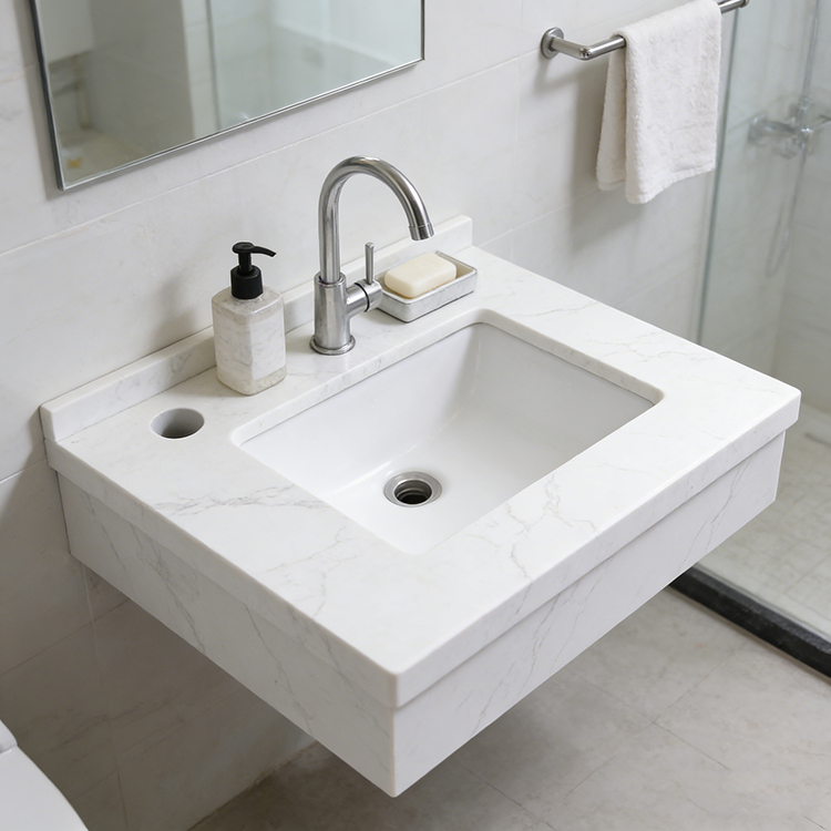 Floating white marble vanity top with integrated oval sink – modern bathroom countertop for contemporary restroom design.png
