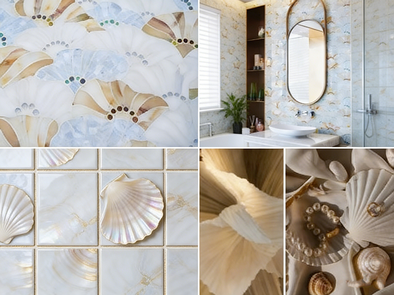 Shell-patterned stone mosaic tile collage, mother-of-pearl effect, shown with bathroom application and close-up texture details.png