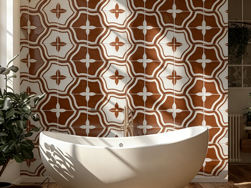 Terracotta and white geometric stone mosaic tile wall in luxury bathroom, paired with freestanding bathtub and natural sunlight.png